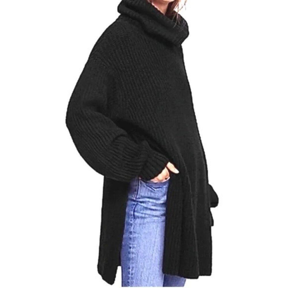 Free People Slouchy Black Rib Mock Neck Sweater Tunic Side Slit Bulky